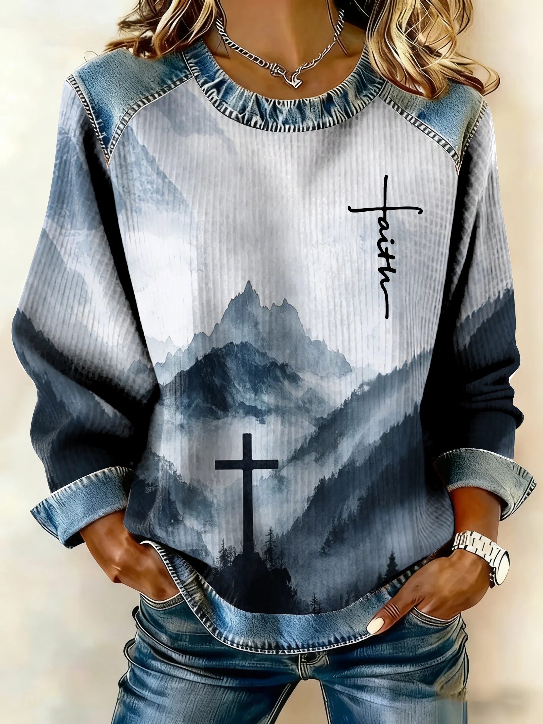 Women'S Casual Faith-Themed Printed Patchwork Sweatshirt-Fast Shipping