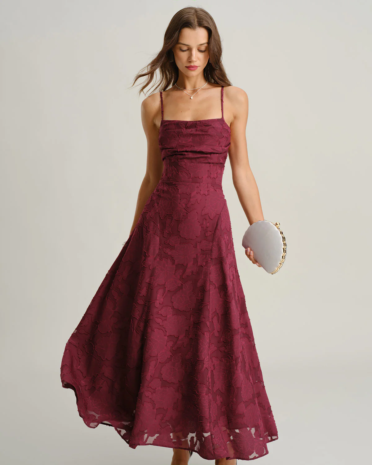 Wine Red Jacquard Slip Maxi Dress
