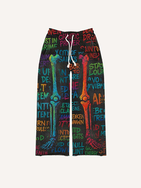 Skeleton&Letter Print Elastic Waist Pants