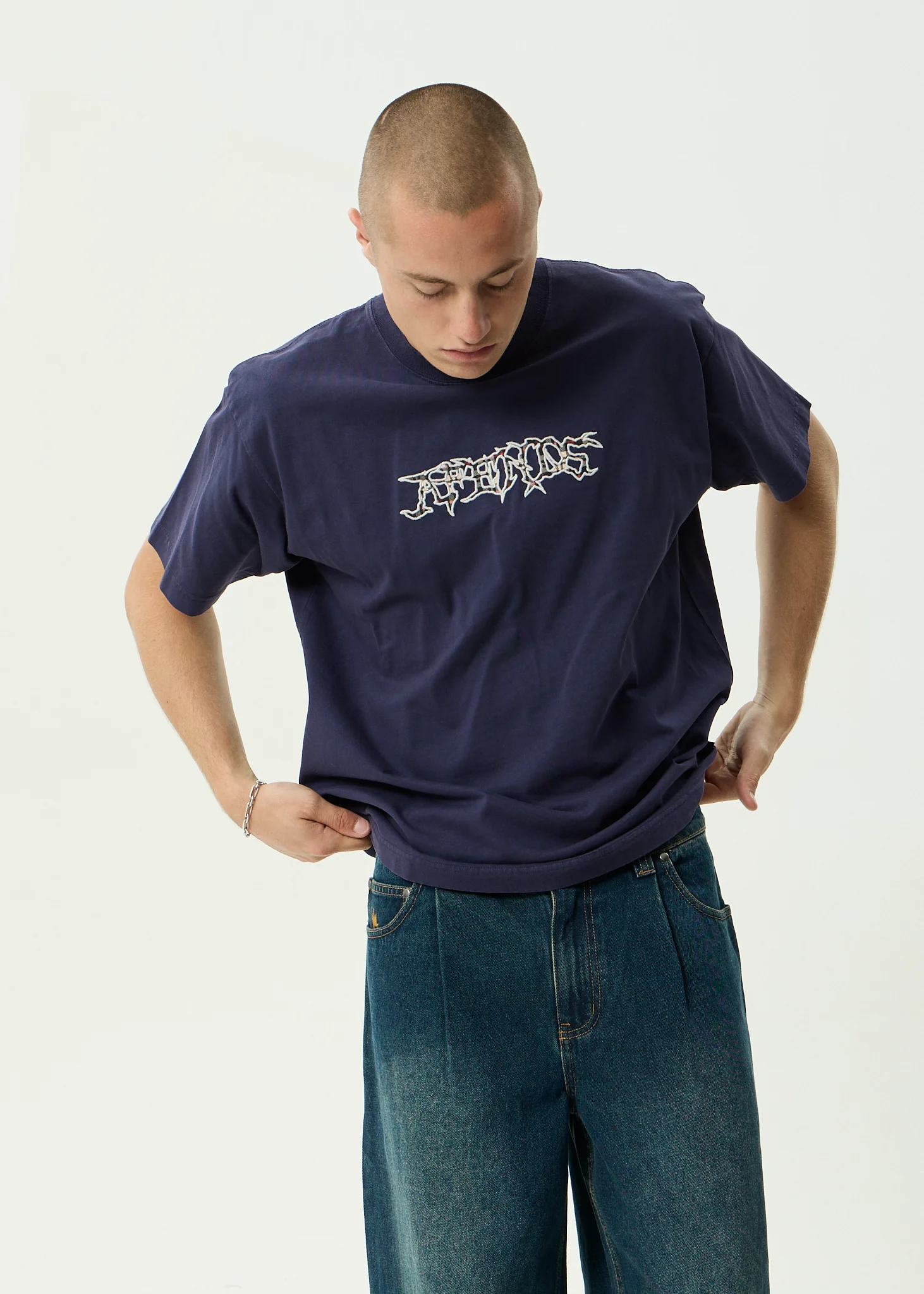 AFENDS Mens Kharma -  Heavyweight Boxy Tee - Washed Deep Sea