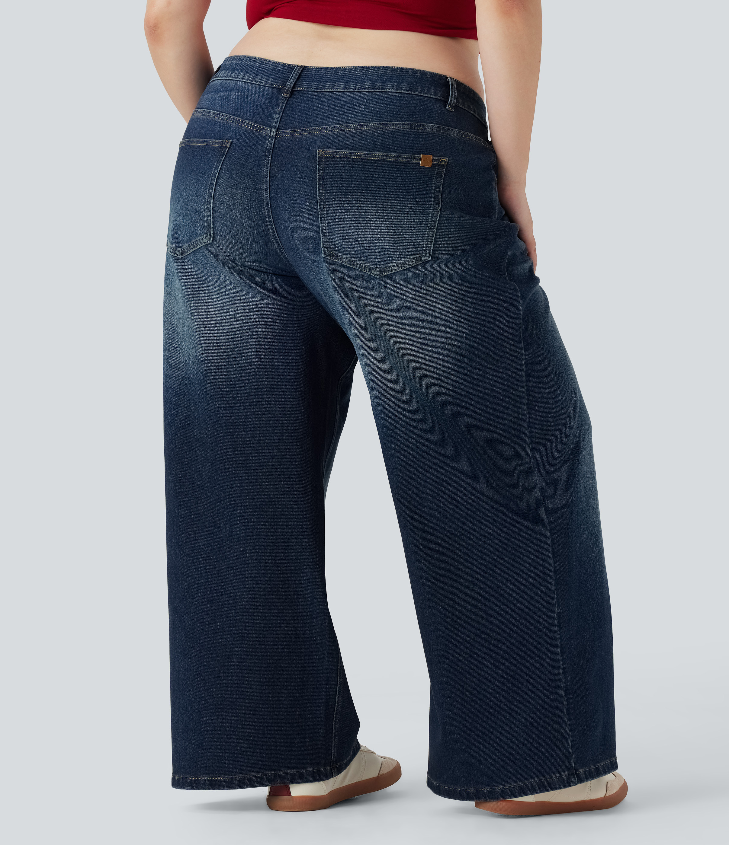 Plus Size Halara Flex™ Asymmetric Low Rise Wide Leg Washed Casual Jeans with Pockets