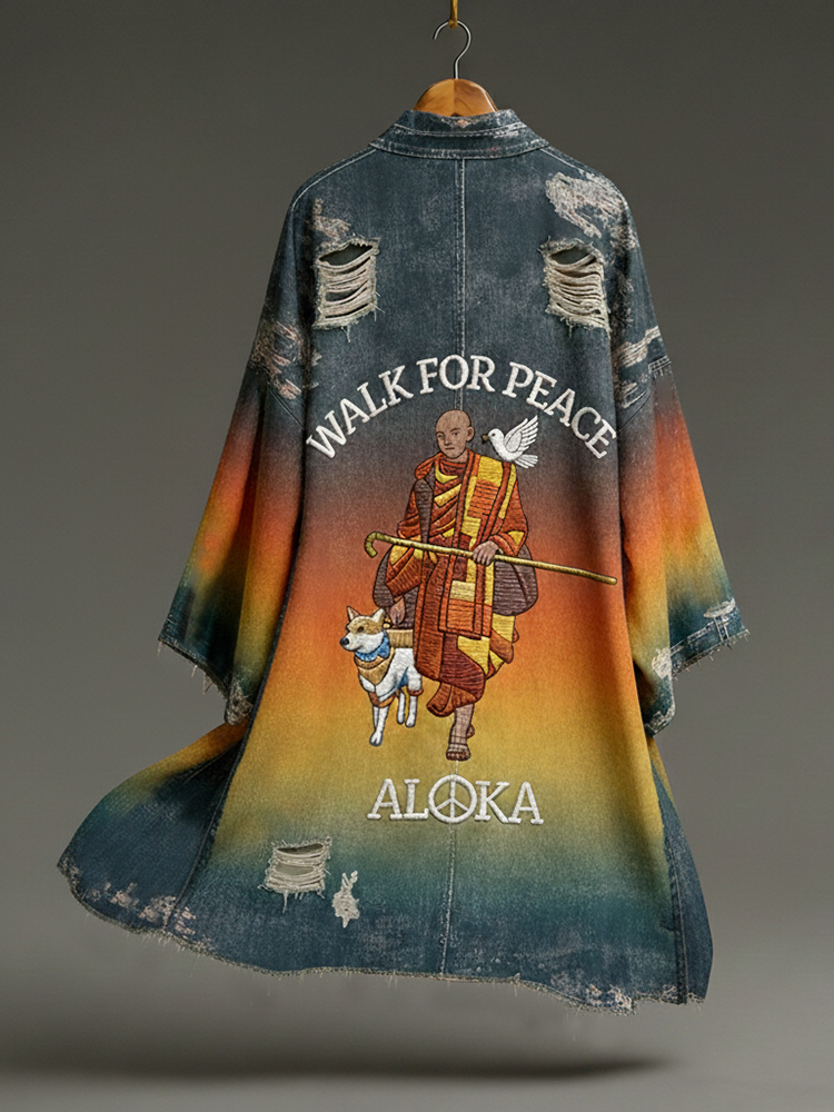 Peace For Walk Art In Gradient Print Linen Long Kimono