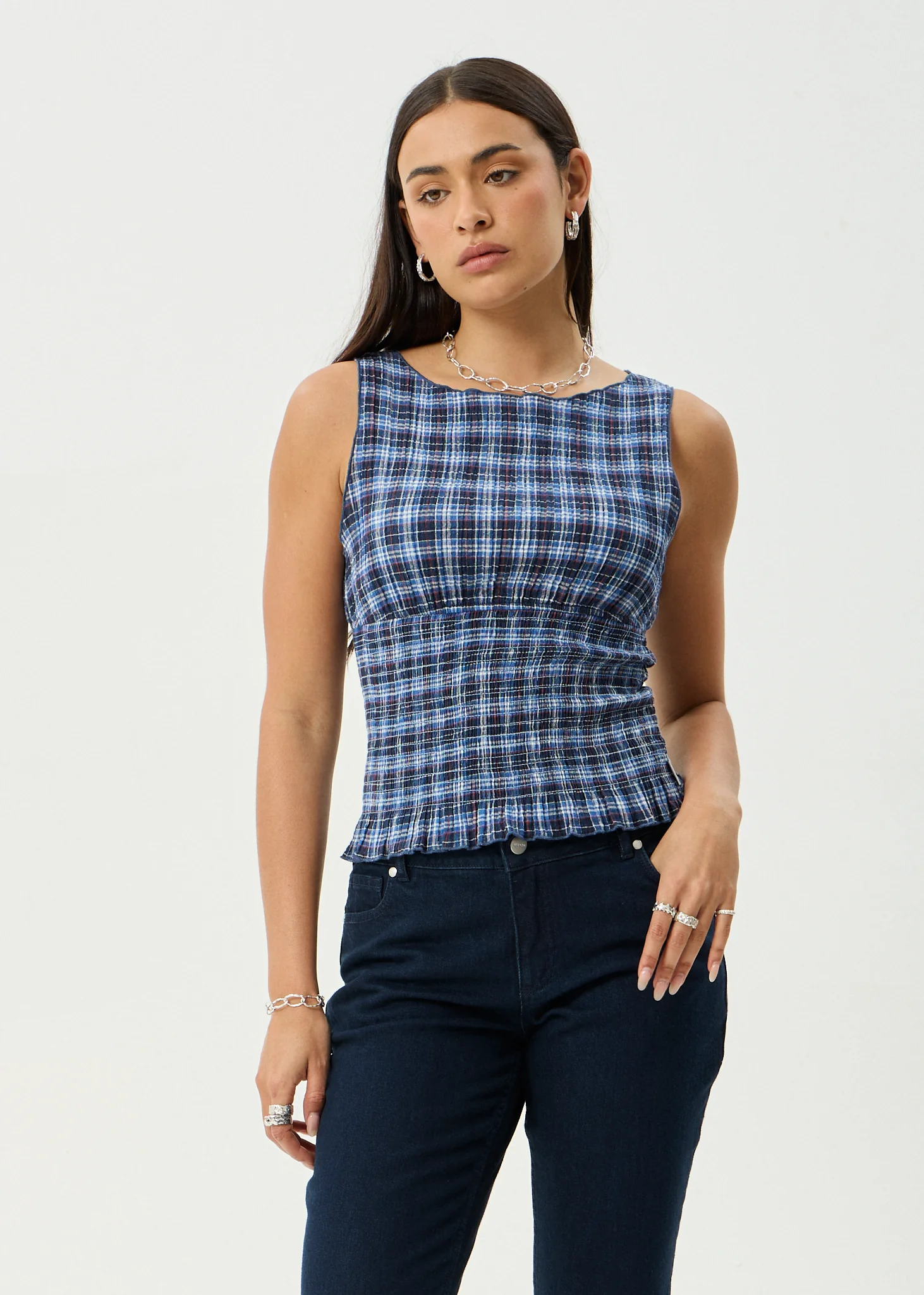 AFENDS Womens Mountains - Seersucker Sleeveless Top - Navy Red Check
