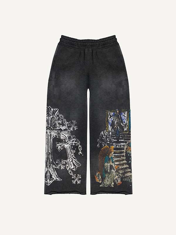 Mary&Cross&Graphic&Letter Print Elastic Waist Pants