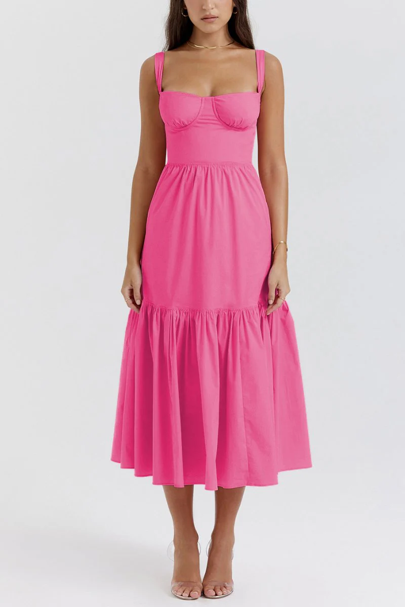 Lovely Thick Strap Pleated Pocket Slim Midi Dress
