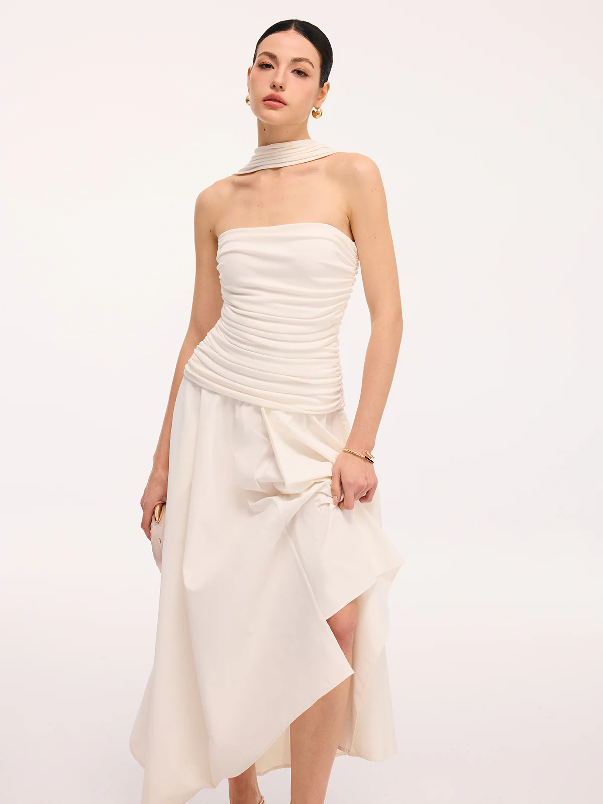 Asymmetrical Hem Ruched Halter Midi Dress