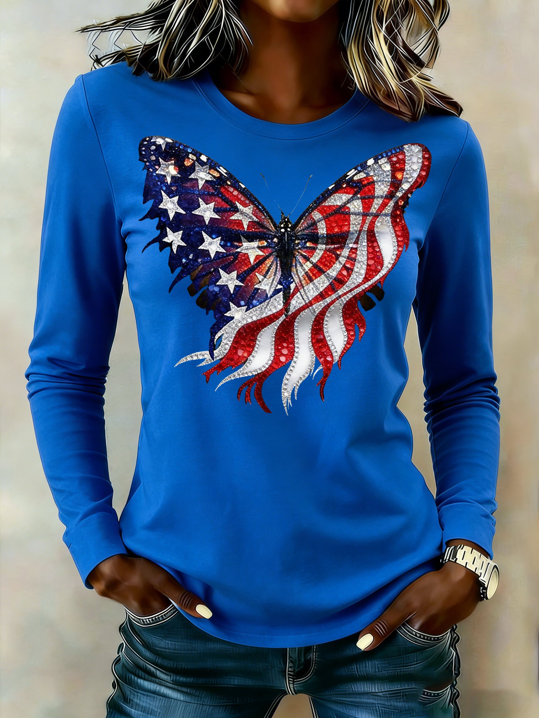 Women's casual retro patriotic red, yellow, and blue butterfly long-sleeved T-shirt