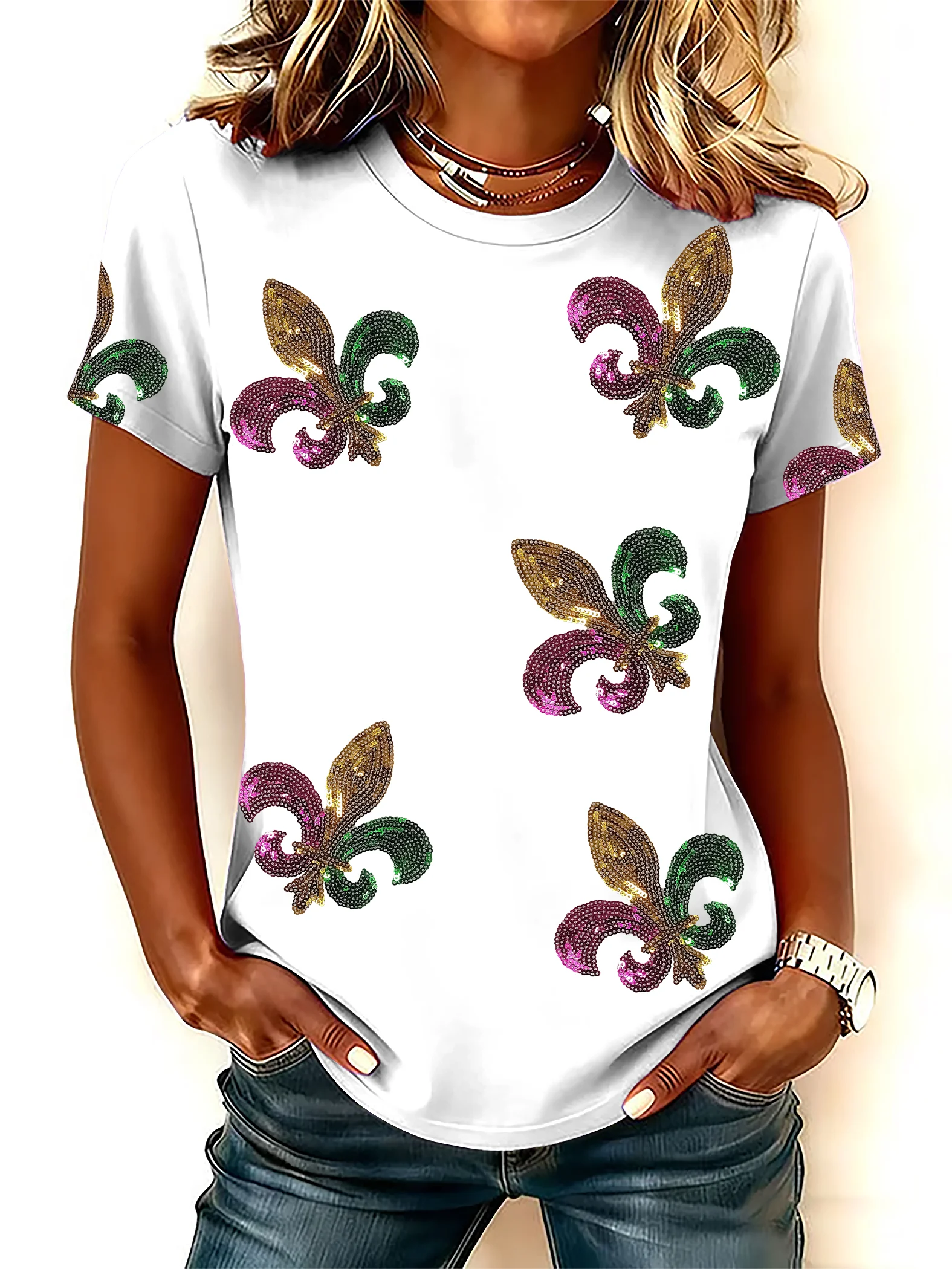 Women's Mardi Gras Print Round Neck T-Shirt