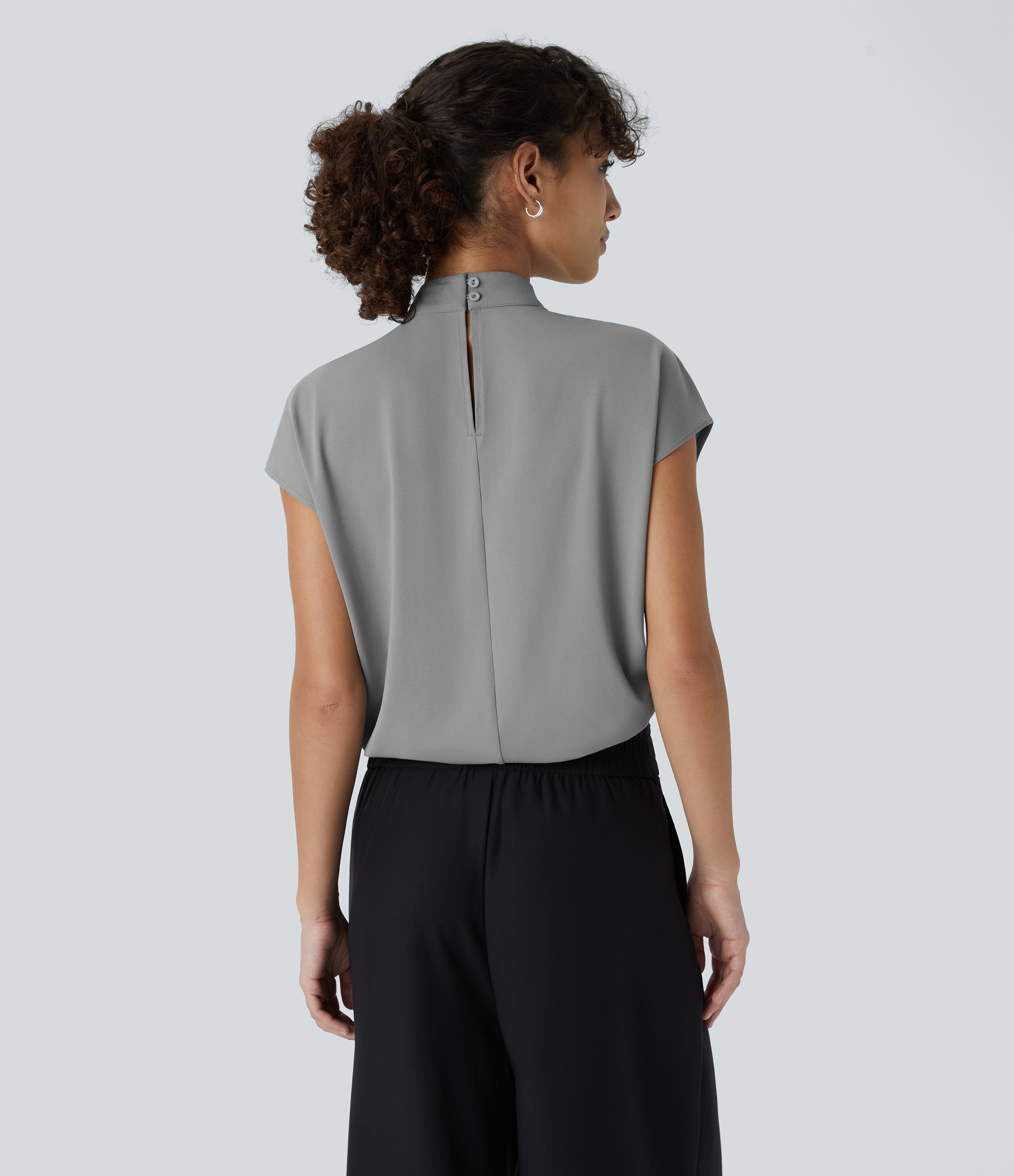 Stand Collar Back Cap Sleeve Work Blouse