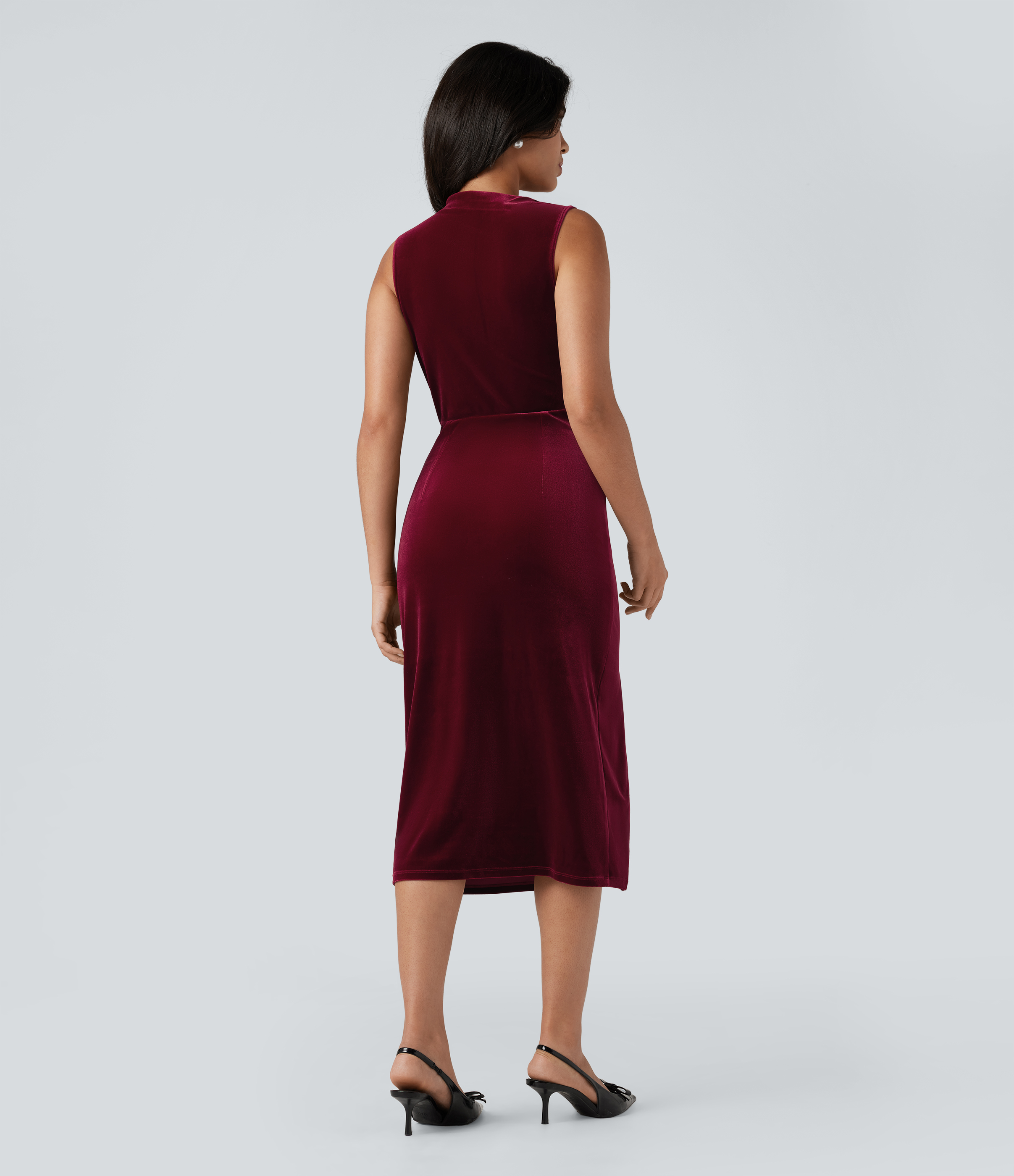 Cowl Neck Sleeveless Split Ruched Bodycon Midi Velvet Dress