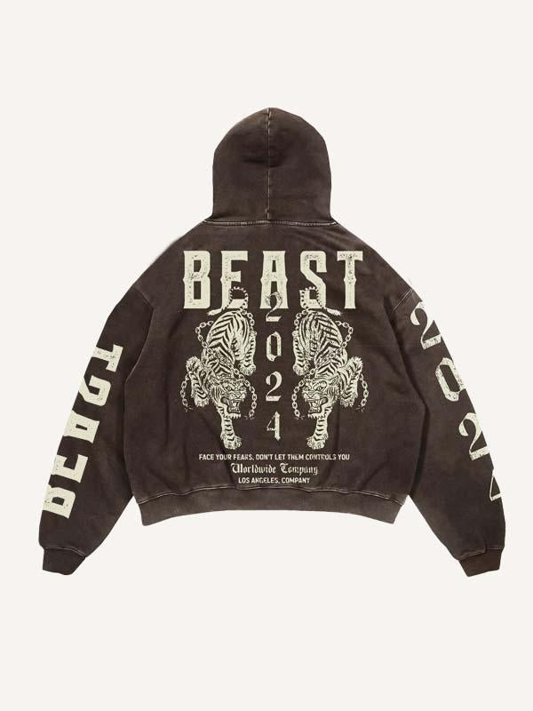 Tiger&Letter Print Slant Pockets Hoodie