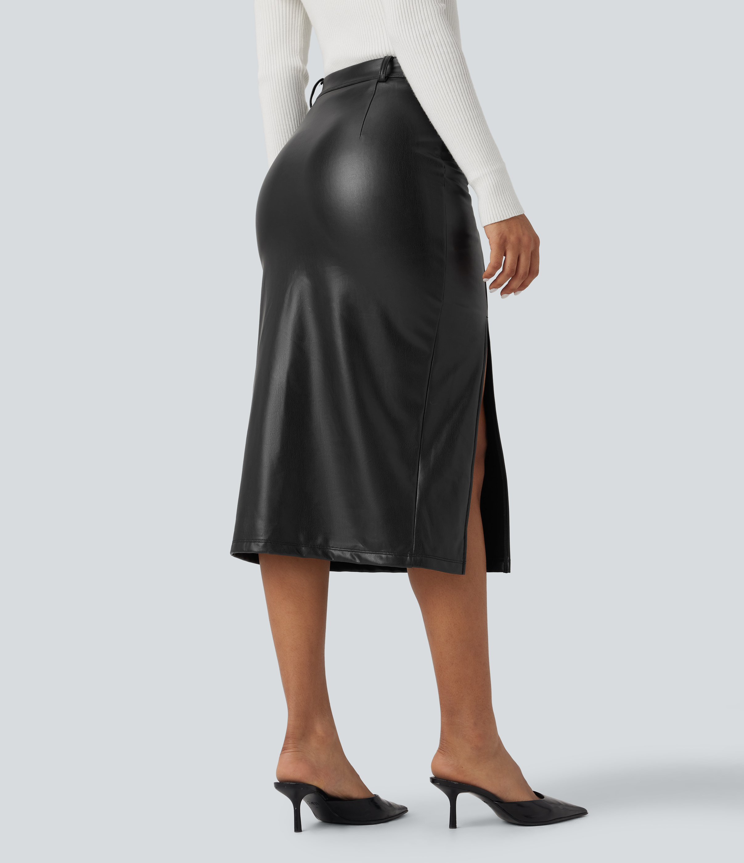 High Waisted Tummy Control 2-in-1 Midi Casual PU Leather Skirt
