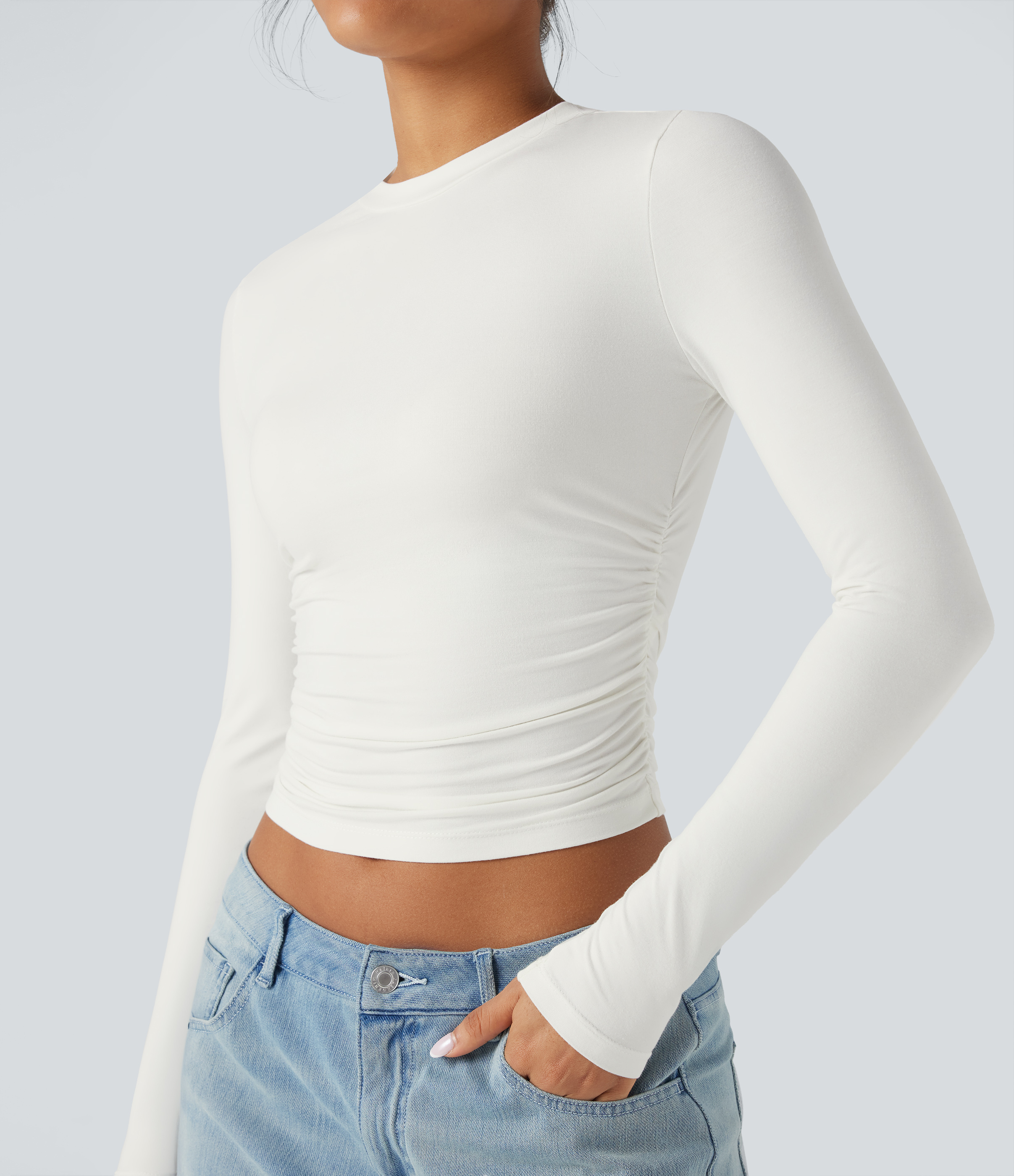 Round Neck Long Sleeve Ruched Casual Top