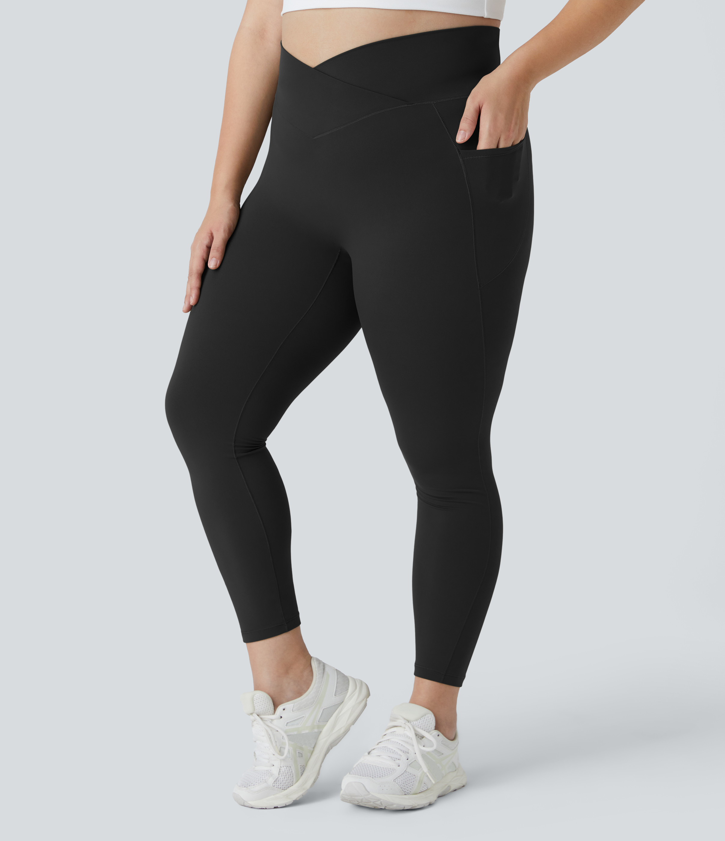 SoftlyZero™ High Waisted Crossover Pocket Plain Plus Size Full Length Leggings-UPF50+