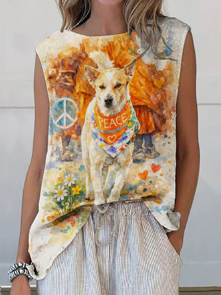 Walk For Peace Aloka Floral Watercolor Linen Tank Top