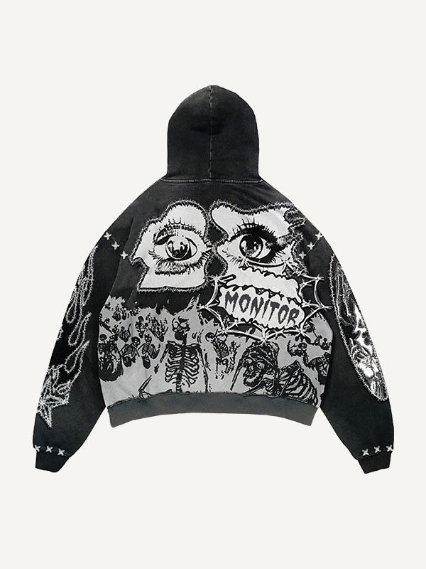 Skeleton&Fire&Eye&Graphic&Letter Faux Decal Faux Rhinestones Print Slant Pockets Hoodie