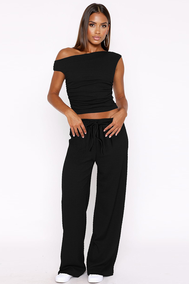 KatchMe Women's Slouchy Solid Color Sloping Shoulder Shirred Slim Top & Wide Leg Trousers Co-ord (2), Versatile Matching Set, Basic Two Piece Outfits