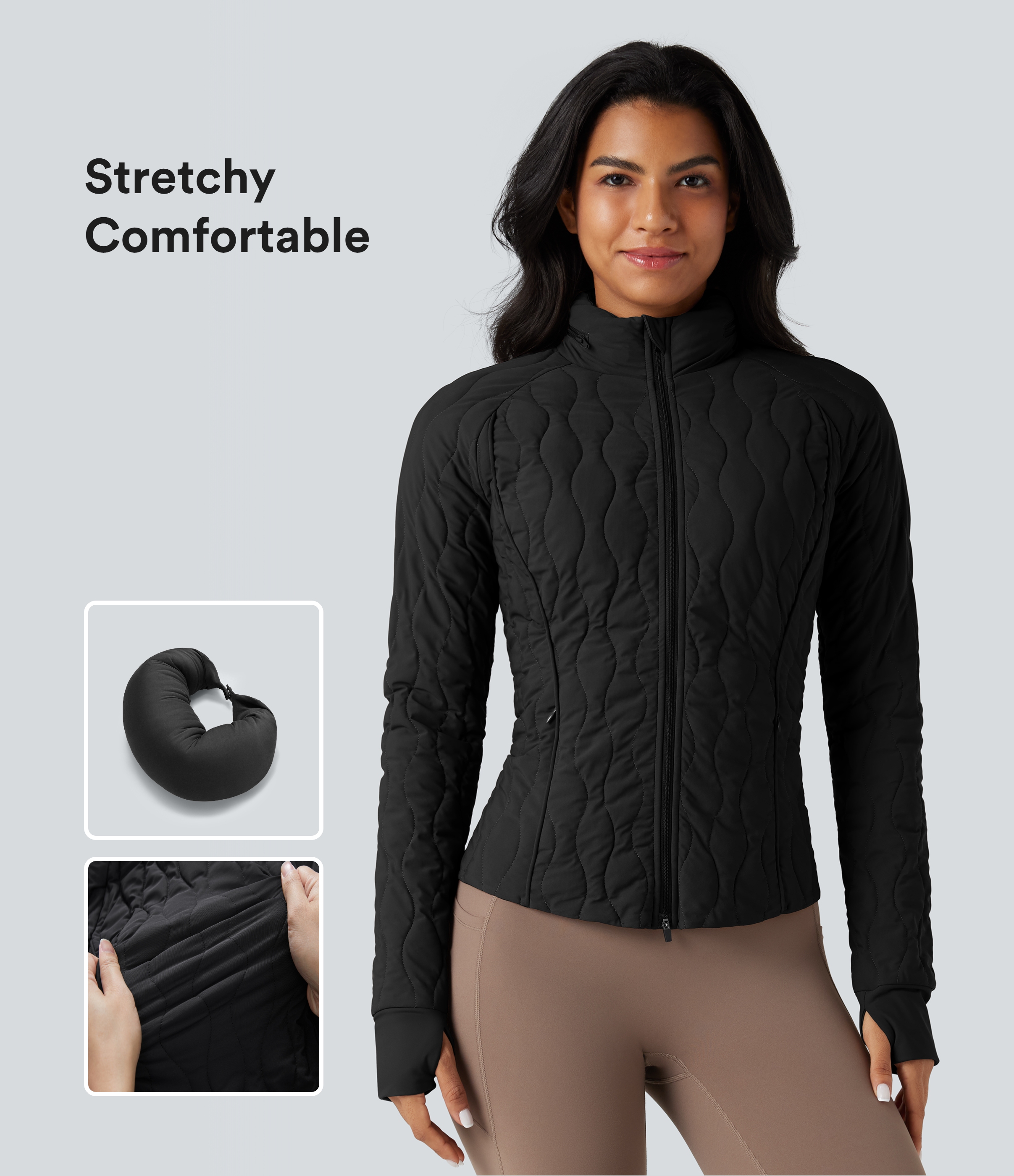 High-neck Thumb Holes Stretchy Workout Padded Jacket with Pockets-Packable Neck Pillow