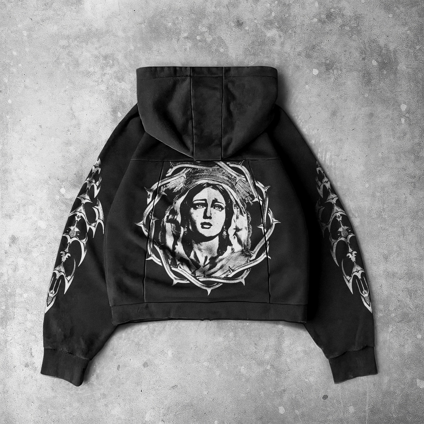 Gothic Religious Figure Cropped Zip Up Hoodie