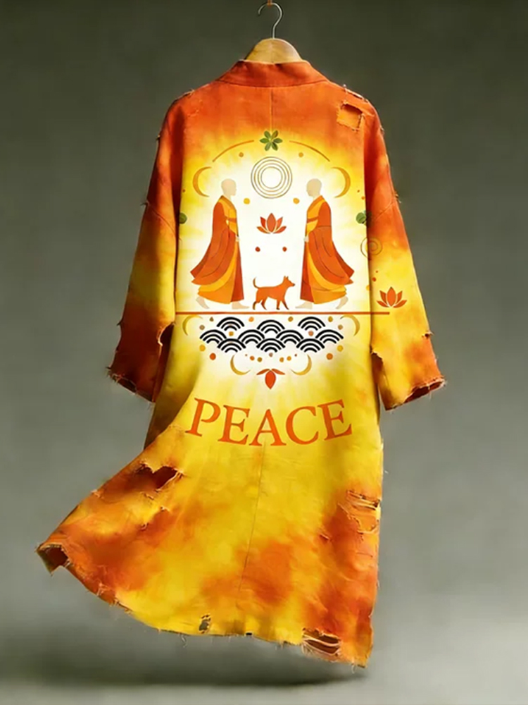 Peaceful Monk Walking Inspiration Tie-dyed Linen Kimono