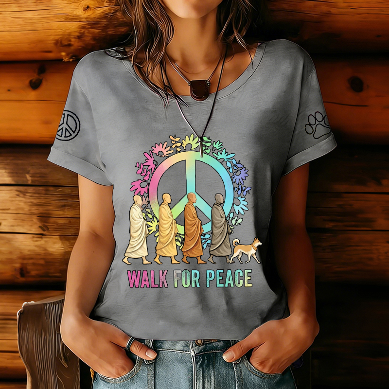 Women's Walk For Peace Monks With Aloka Dog Print Short Sleeve T-shirt