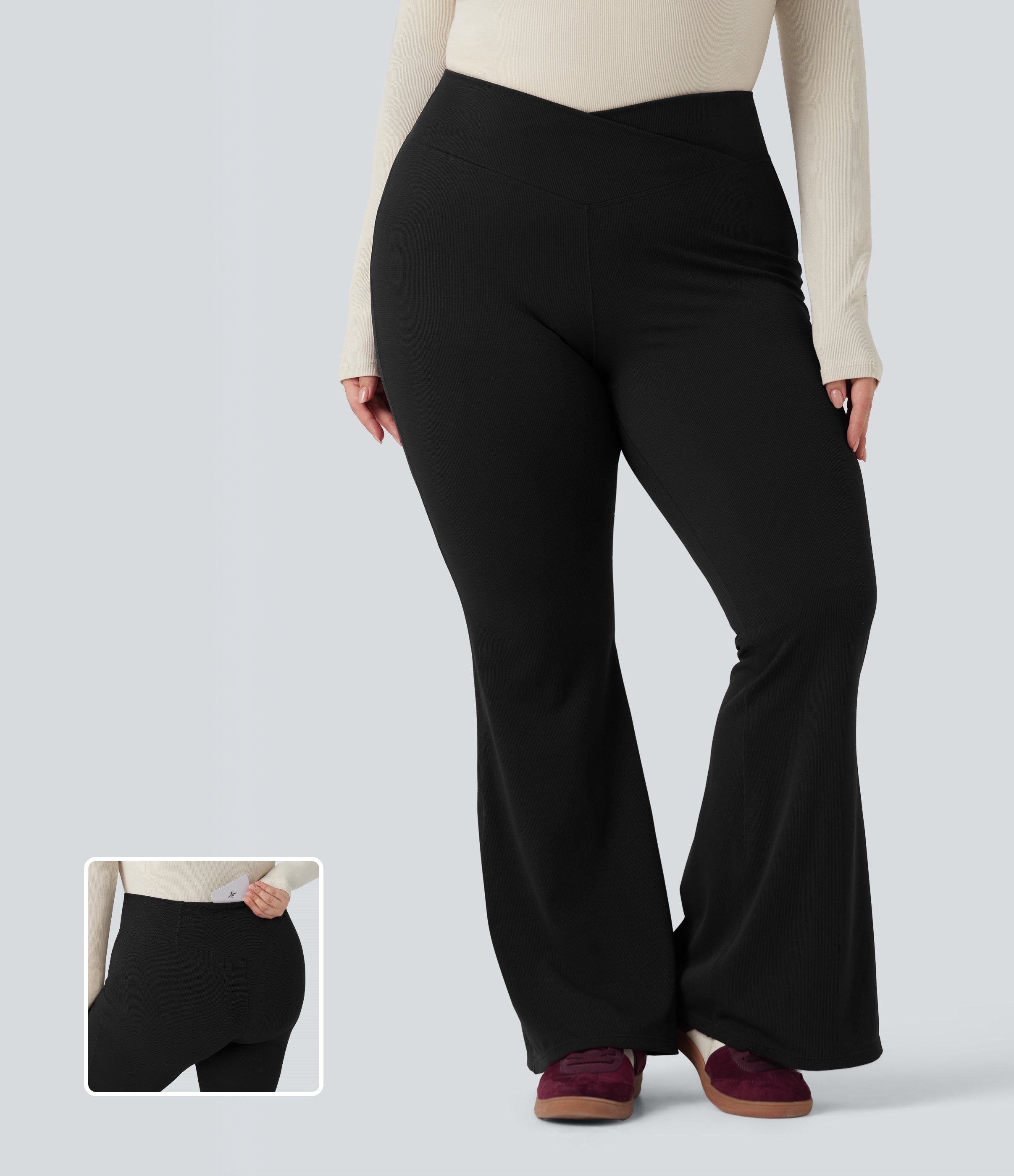 Plus Size Crossover High Waisted Waffle Casual Flare Pants with Pocket