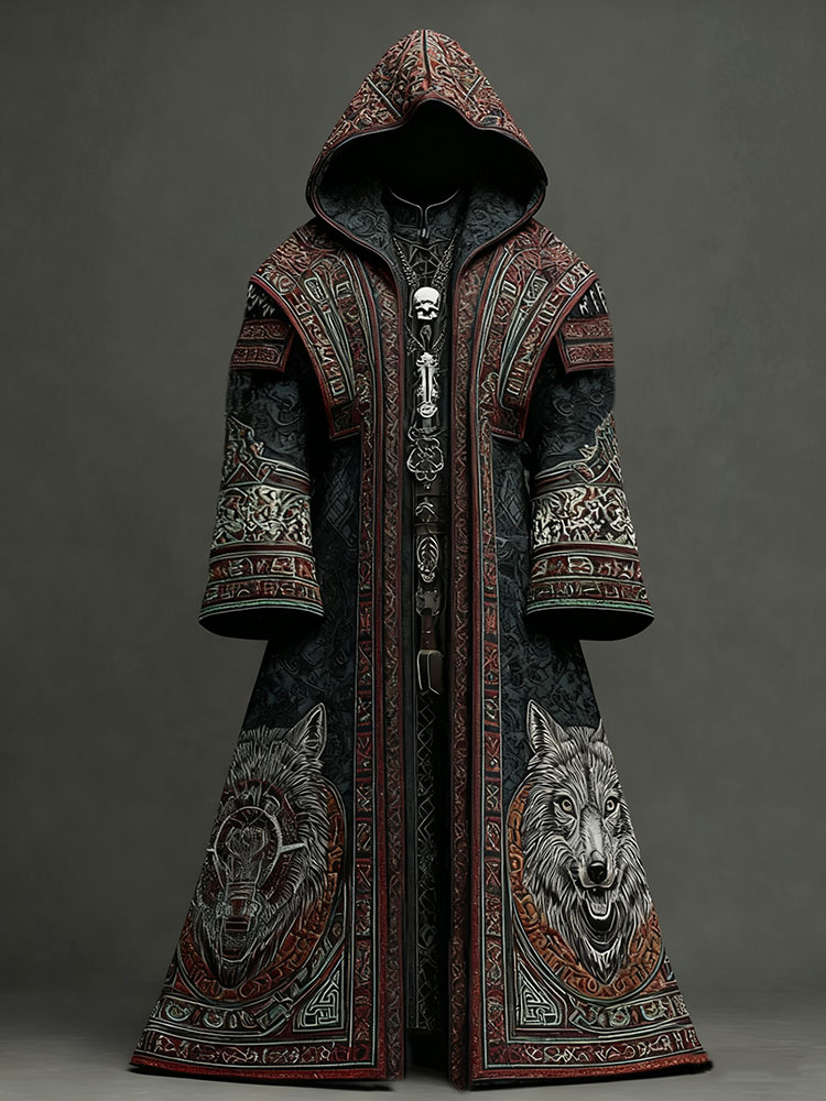 Men's Wolf Head Embroidered Viking Long Robe-style Hooded Cloak