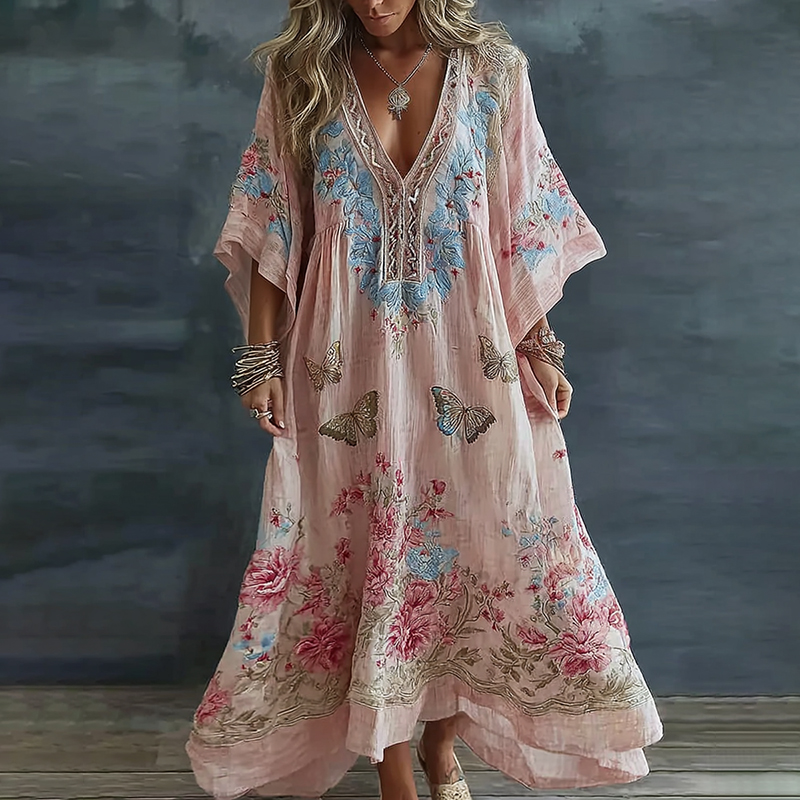 Women's Vintage Floral And Butterfly Art Print Flowy Linen Blend Casual Maxi Dress