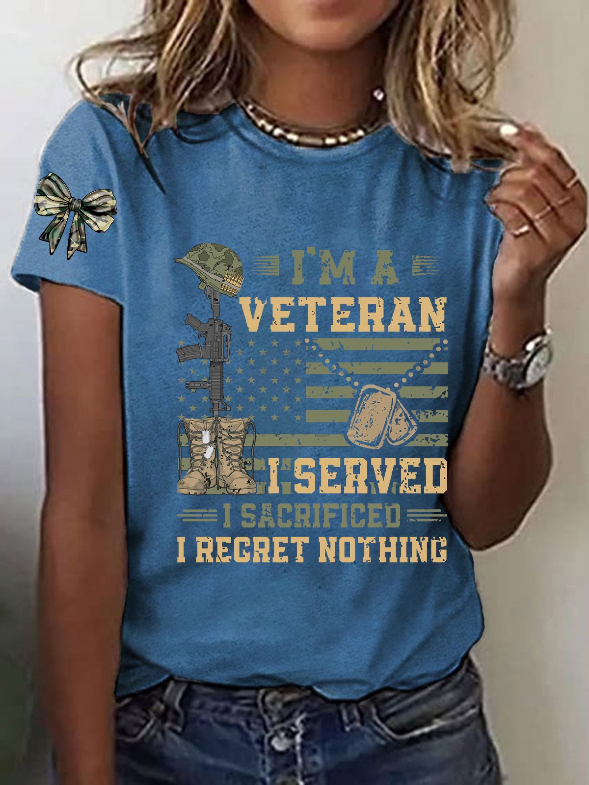 Women's Patriotic Veteran USA Flag Print T-Shirt