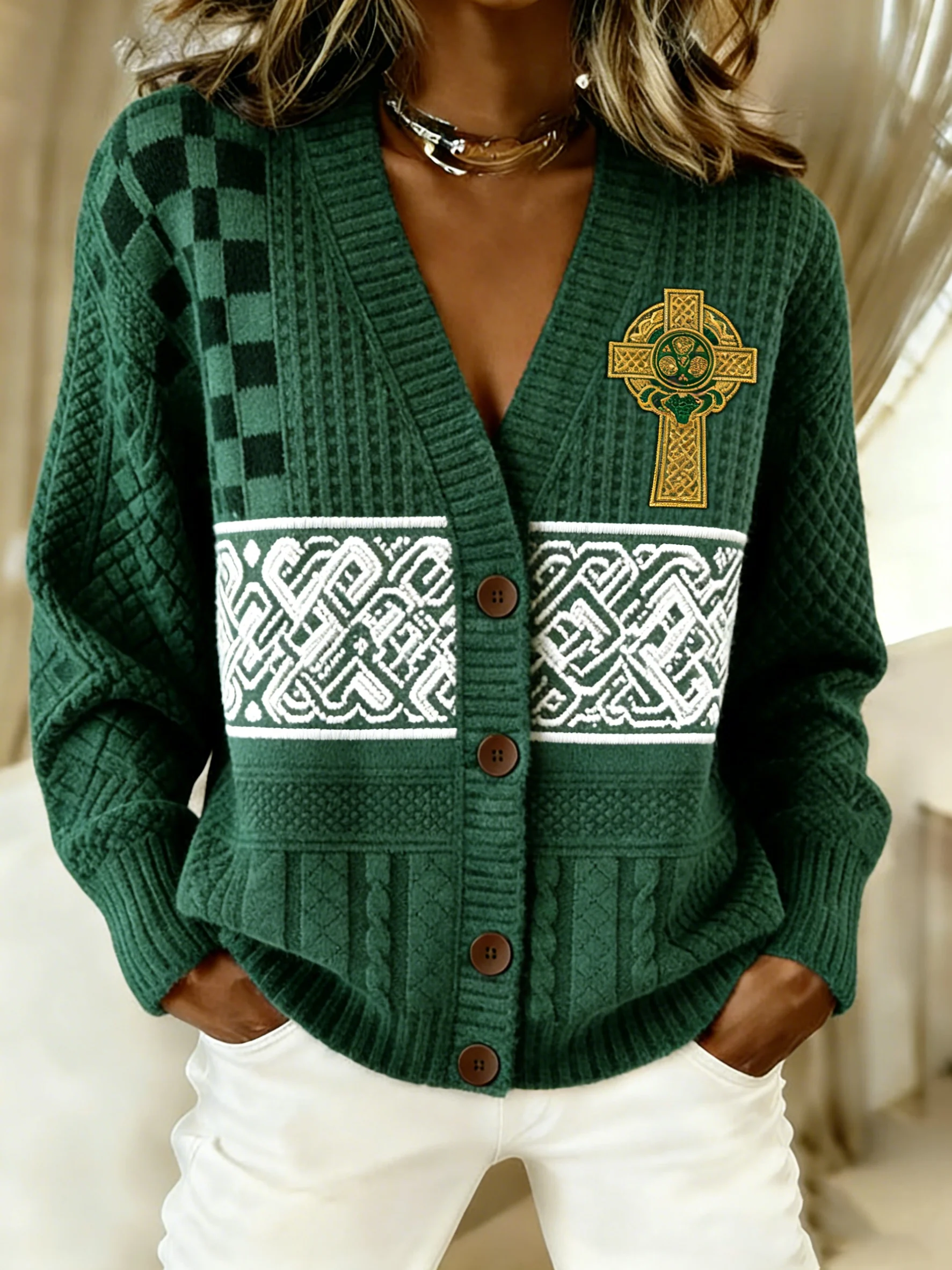 Women's Retro St. Patrick's Day Shamrock Art Print Cardigan-Fast Shipping