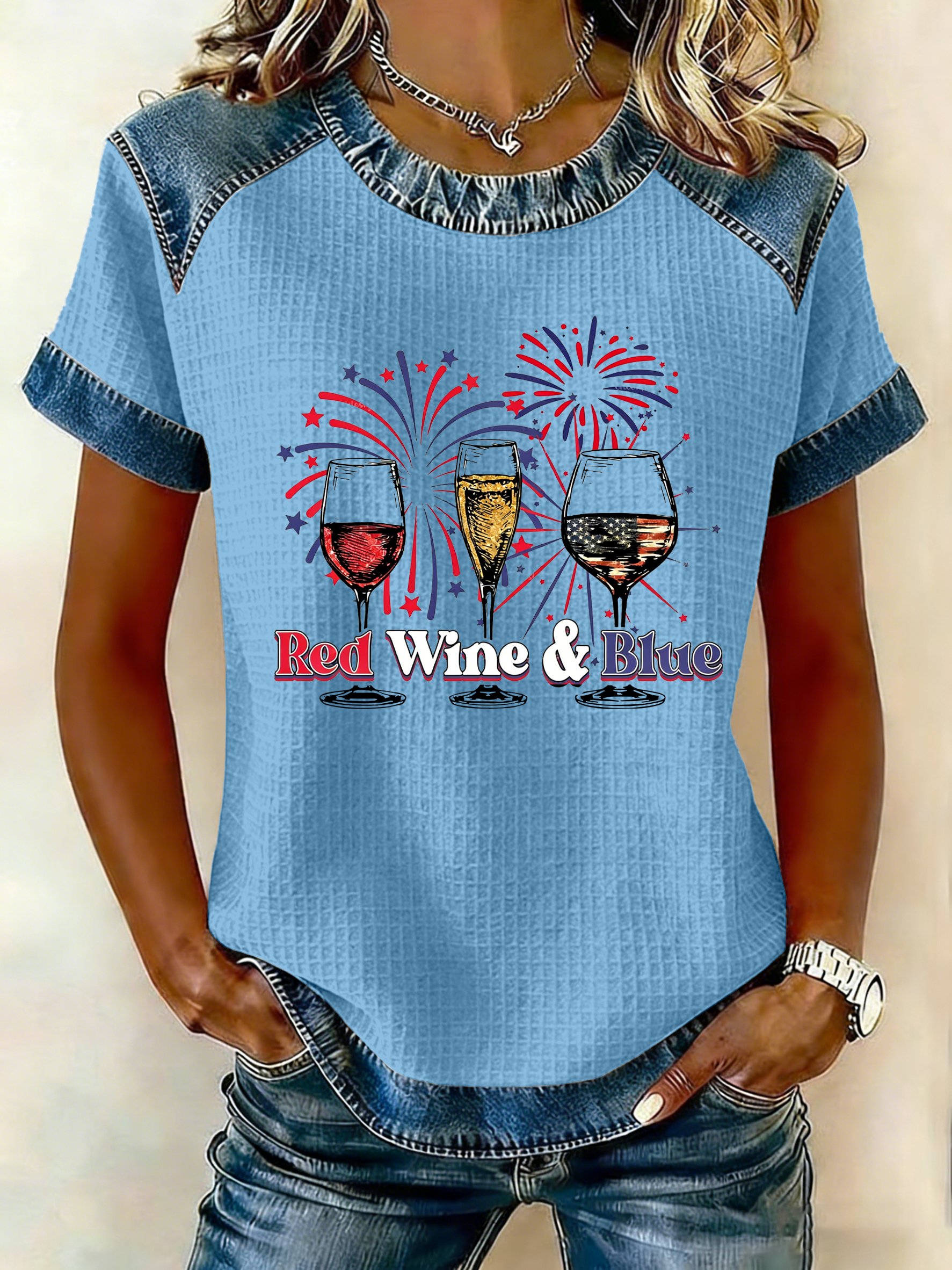 Women's 250th America Anniversary “Red Wine And Blue” Casual Printed Waffle Knit Short-Sleeved T-Shirt