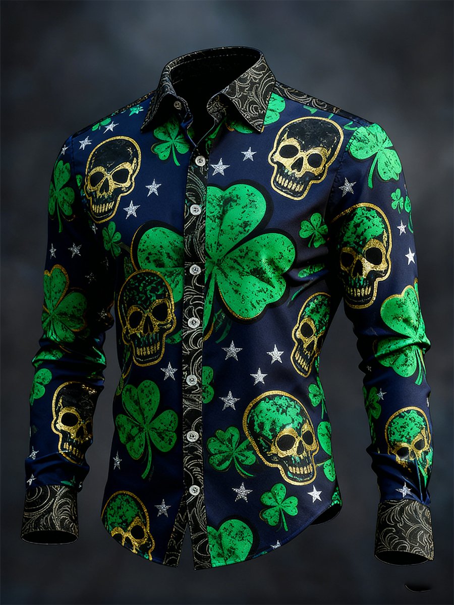 Men's Retro St. Patrick's Day Skull Long-Sleeved Shirt