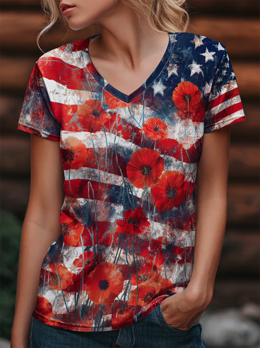 Women's Retro Poppy Red Friday Commemorative Short-Sleeve T-Shirt