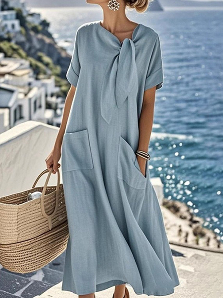 Women's Elegant Bow-knot Pocket Cotton And Linen Midi Dress