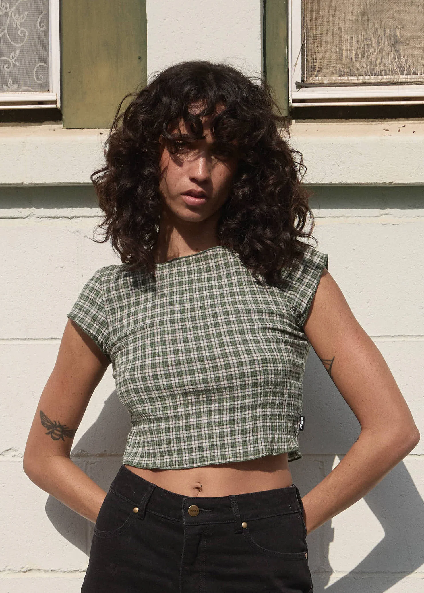 AFENDS Womens Darcy - Seersucker Top - Deep Green Check