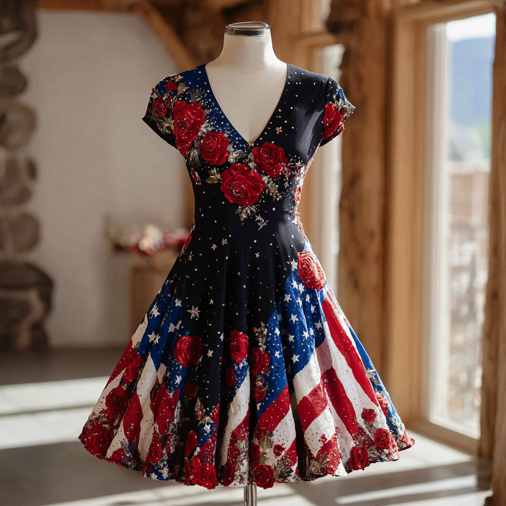 Women's US 250th Anniversary Retro Floral Print Casual Dress