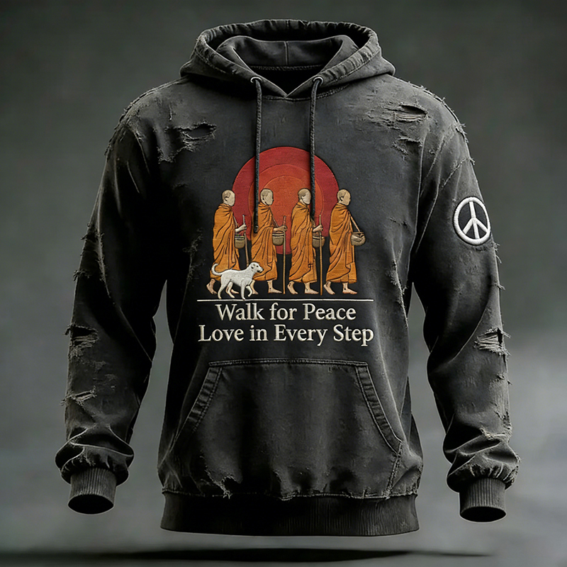 Walk For Peace Love In Every Step Artistic Print Distressed Hoodie