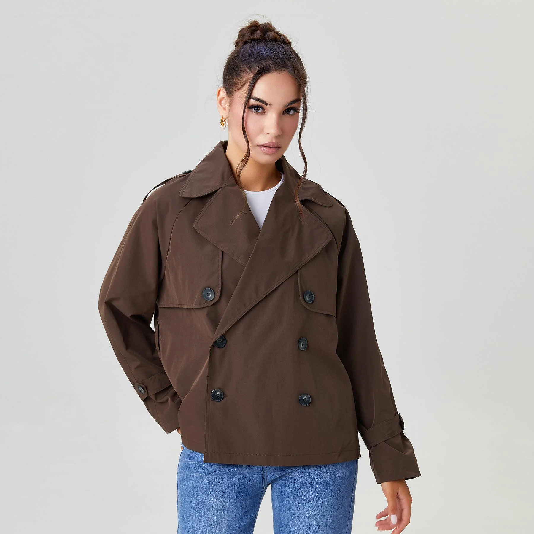 KatchMe Women's Casual Notch Lapel Double Breasted Waist Tie Trench Coat(C), Versatile Outerwear for Women, Classy Solid Ladies Jackets for Fall & Winter