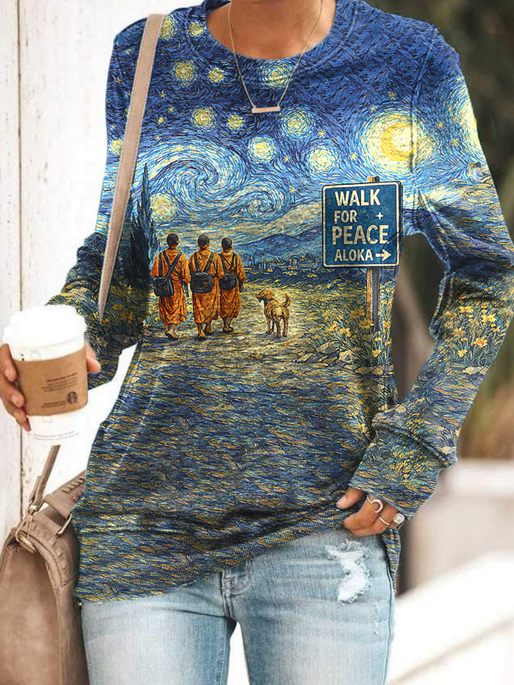 Retro Starry Night Monk And Aloka Dog Print  Casual Sweatshirt