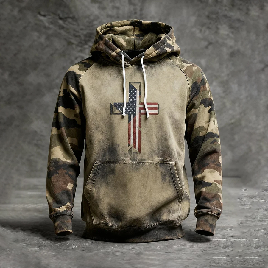 Men's Vintage Faith American Flag Camo Raglan Hoodie