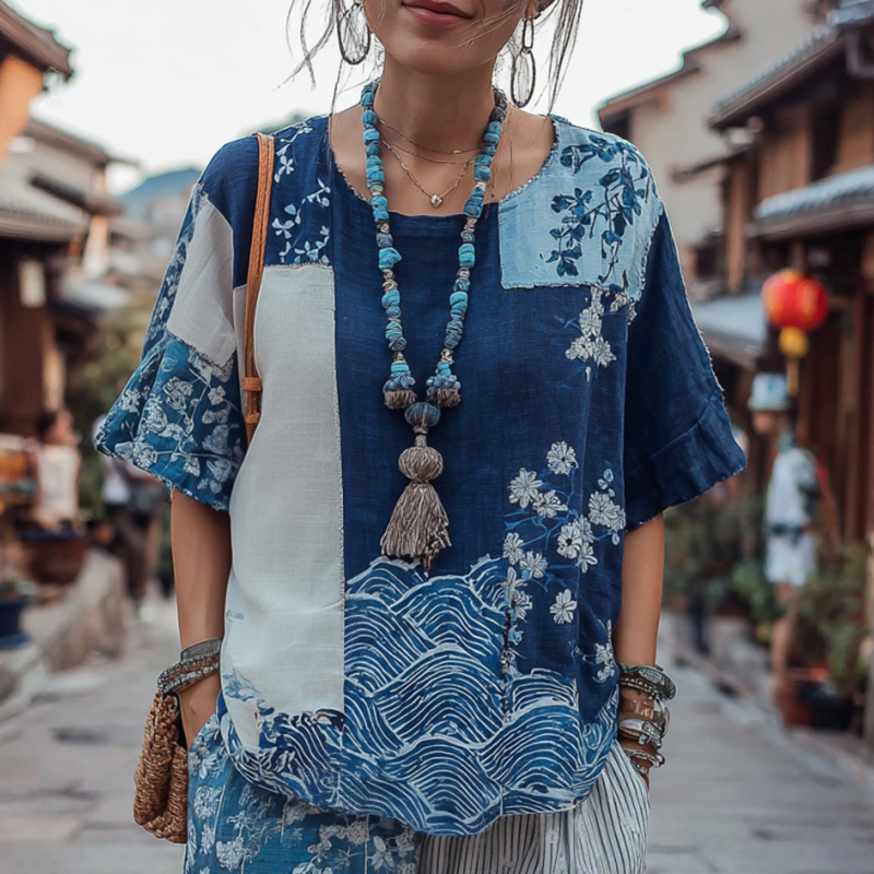 Women's Japanese Traditional Sashiko And Wave Patchwork Art Linen Short-sleeved Top