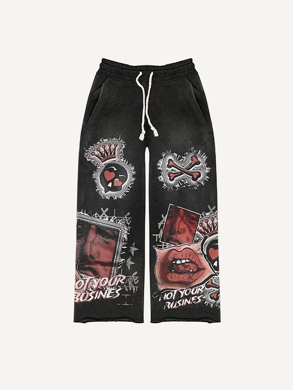 Figure&Lips&Skull&Heart&Letter Faux Decal Print Elastic Waist Pants