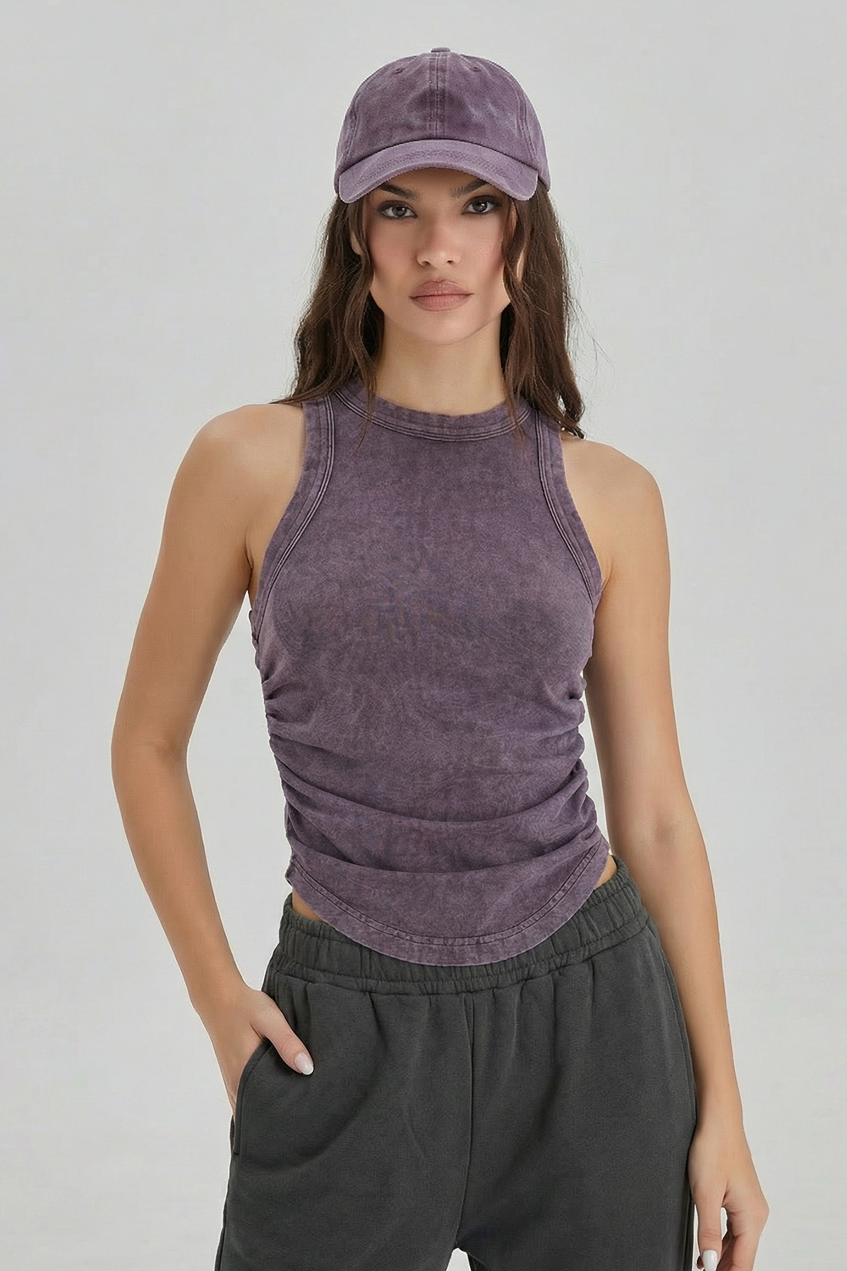 KatchMe Soft Vintage Washed Solid Color Sleeveless Side Pleated Tank Top