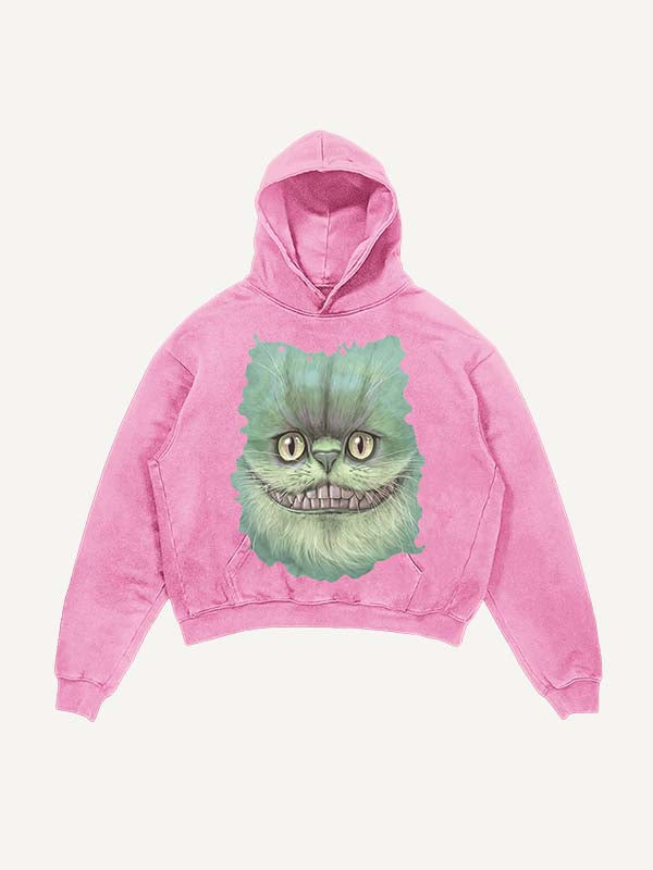 Distressed   Cat Print Slant Pockets Hoodie