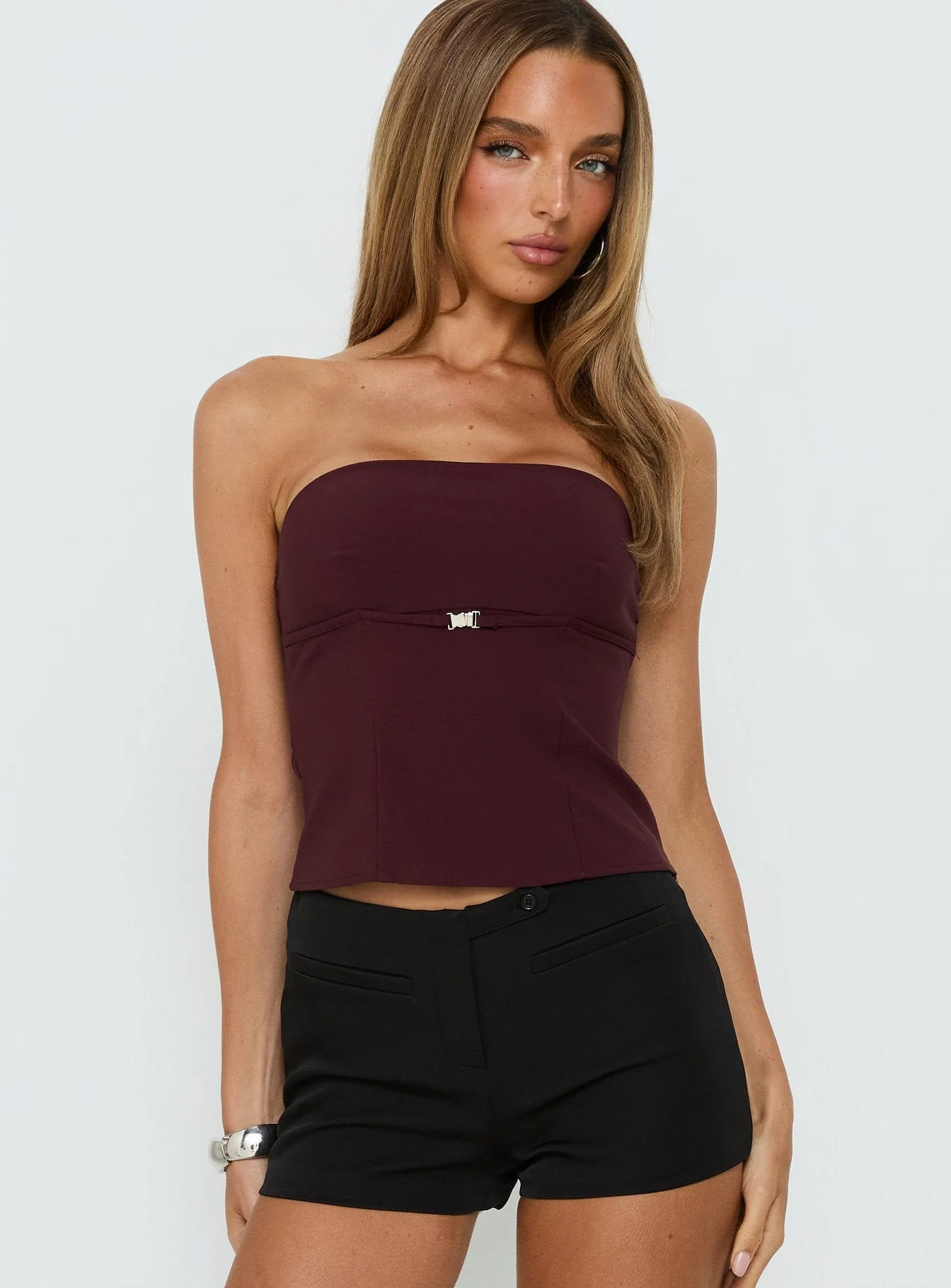 Flounce Strapless Top Plum
