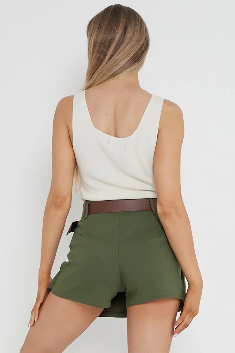 Casual Solid Color Ruched Belt Decor Skort