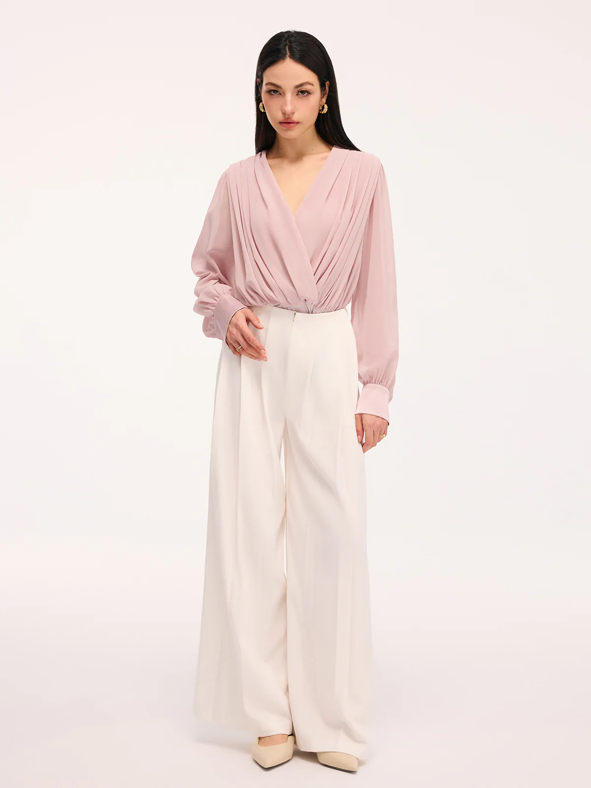 Pleated Deep V-Neck Long Sleeve Bodysuit