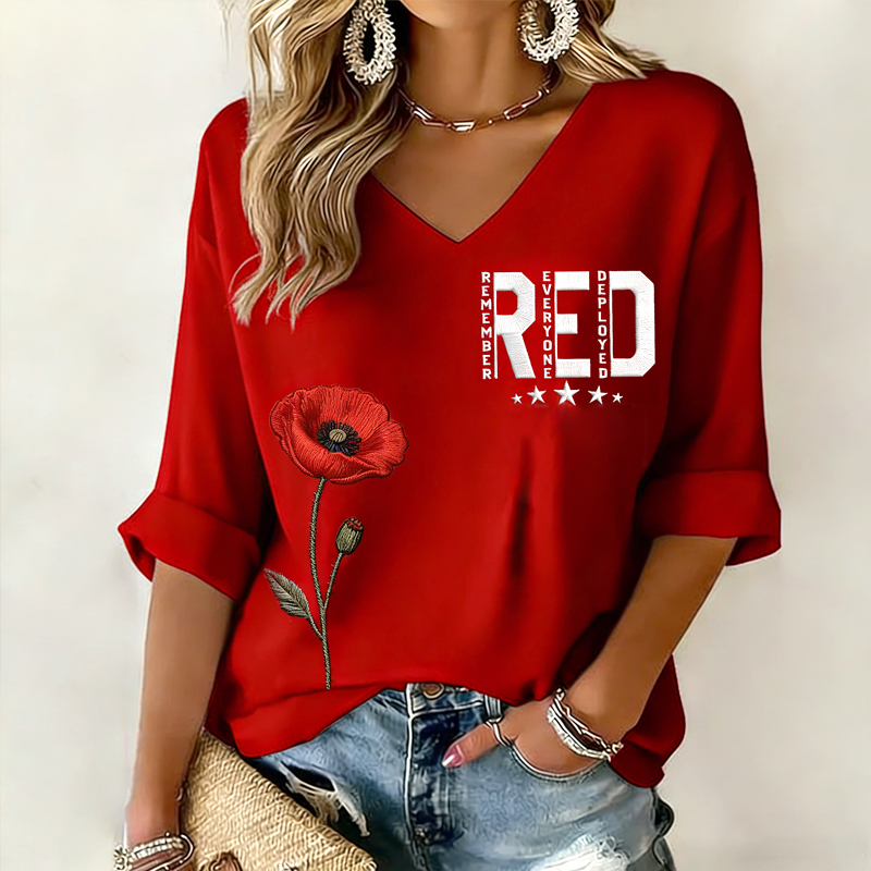 Women's Memorial Day Poppy Art Printed Casual Top