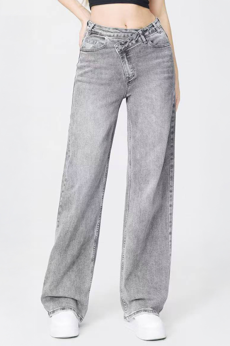 Asymmetrical High-Waist Multi-Pocket Wide-Leg Jeans, Street Style