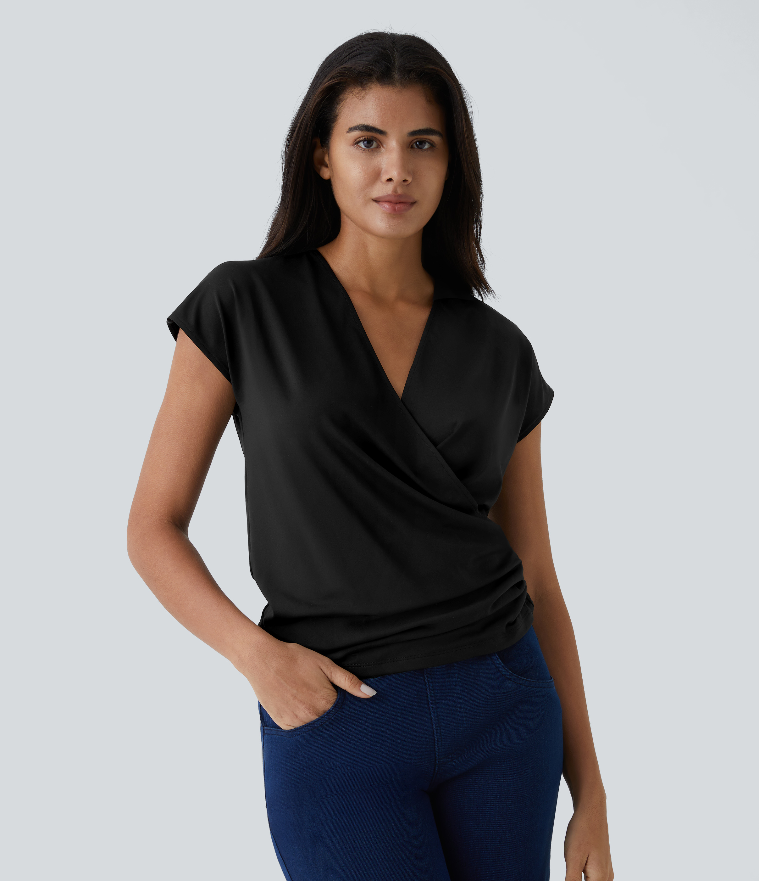 V Neck Cap Sleeve Crossover Ruched Solid Work Blouse